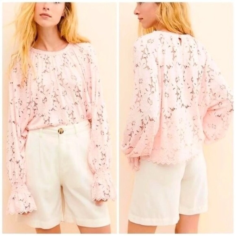 Free People Olivia Lace Tee in Pink S NWOT - Picture 3 of 16